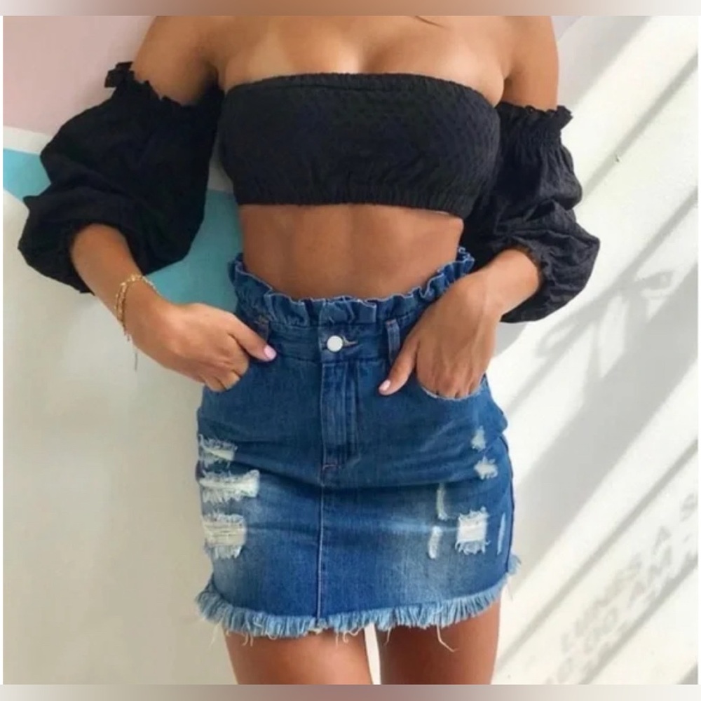 Hayden Distressed Paper Bag Waist Jean Skirt